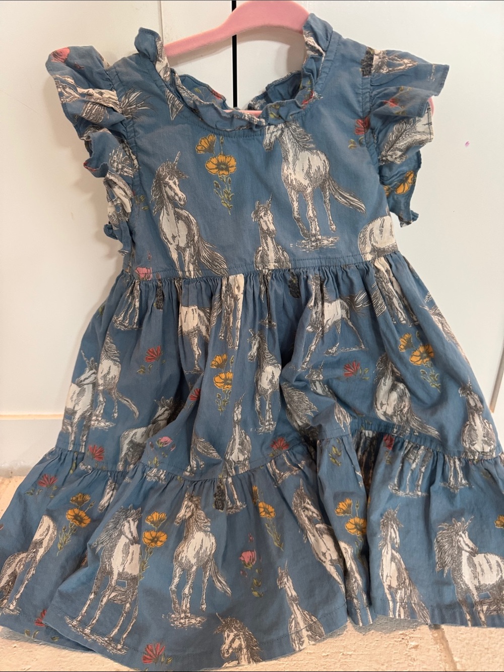 Pink Chicken Blue horse & Floral Ruffle-Sleeve Dress